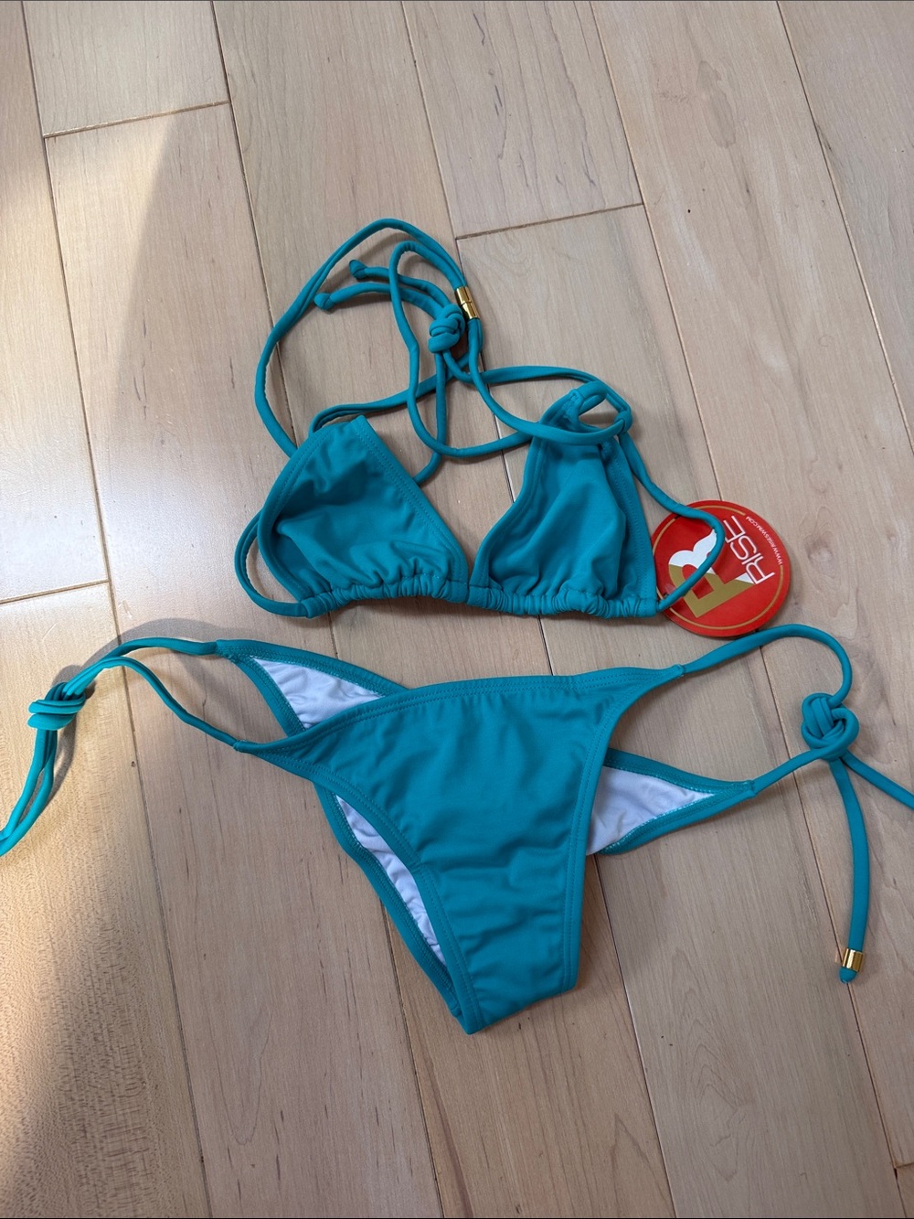 Teal Triangle String Bikini Top and Tie-Side Bottoms - Women Swim